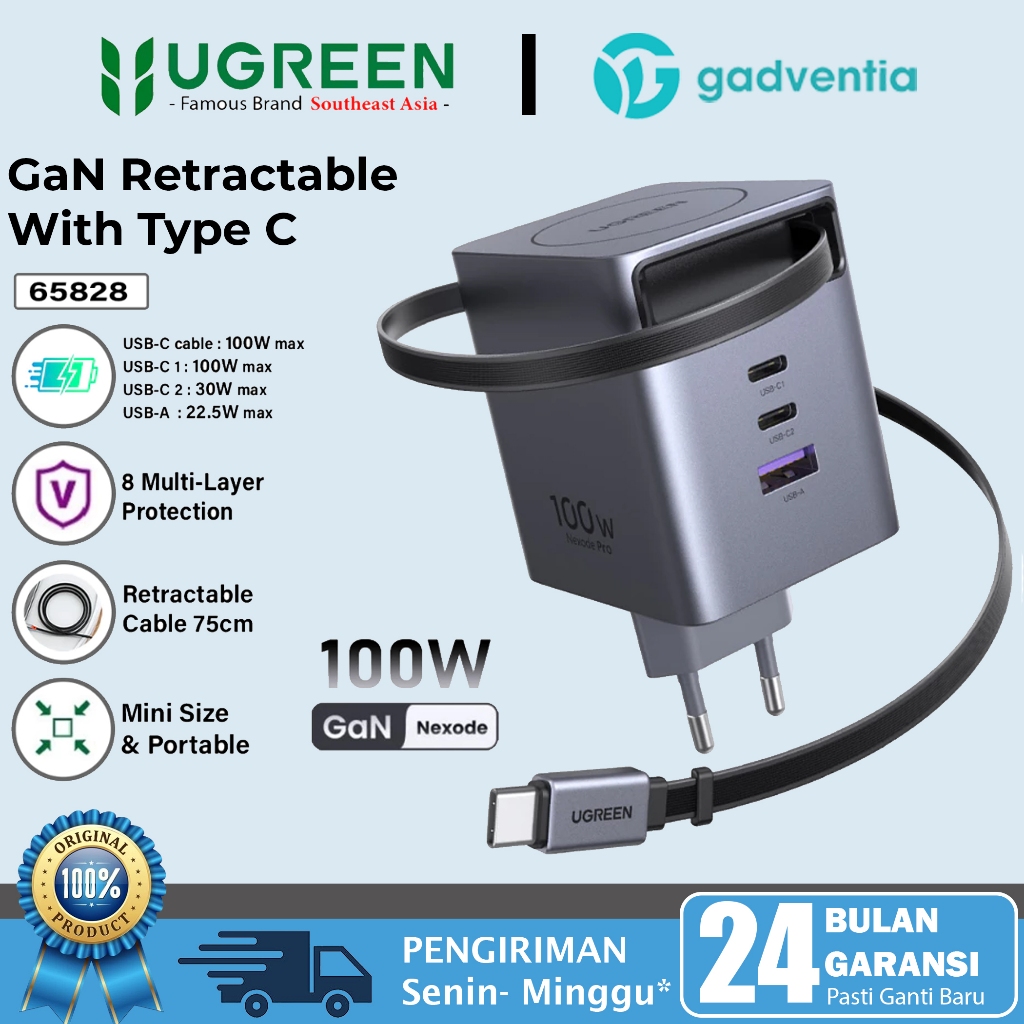 UGREEN Wall Charger Set Nexode GaN Pro 100W with Cable Type C Fast Charging Retractable 65w 160w