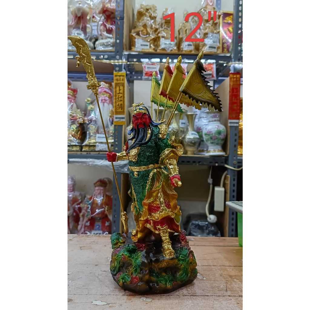 patung dewa kwan kung / kwan kong -12 inch fiber - 5 bendera - l1