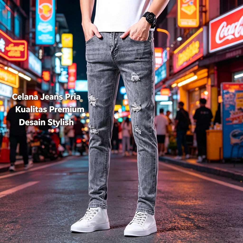 Celana Jeans Pria Slim Fit Sobek Fashion Stretch Denim Premium Warna Biru Abu Hitam