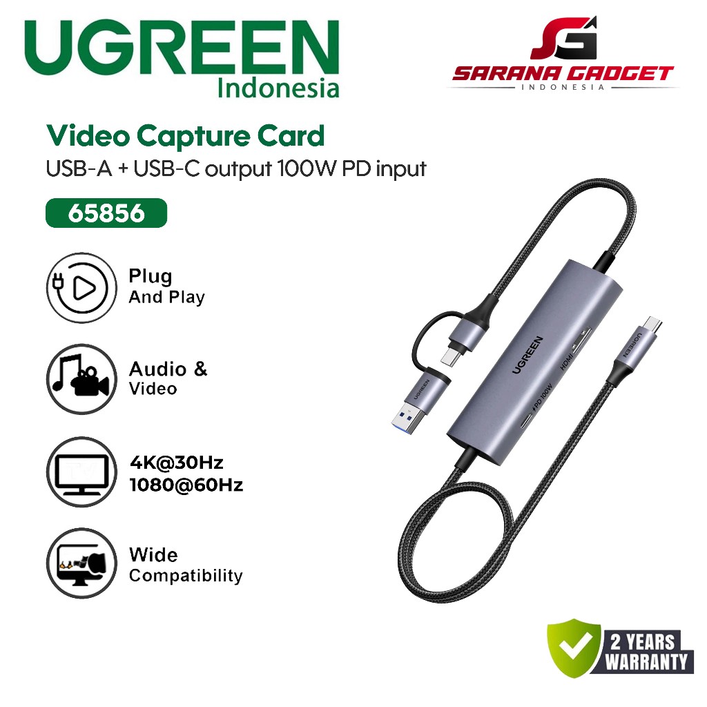 UGREEN 65856 Video Capture Card USB / Type C with PD 100W 4K 30Hz 2K 60Hz HDMI Loop Out 1080P 60Hz U