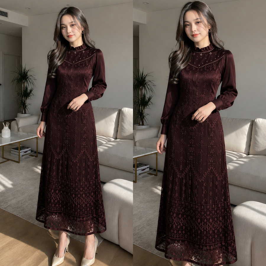Luvita Dress Mahogany Burgundy Luxury Gamis Muslim Maxmara Gamis Satin Brokat Payetan Brokat Premium