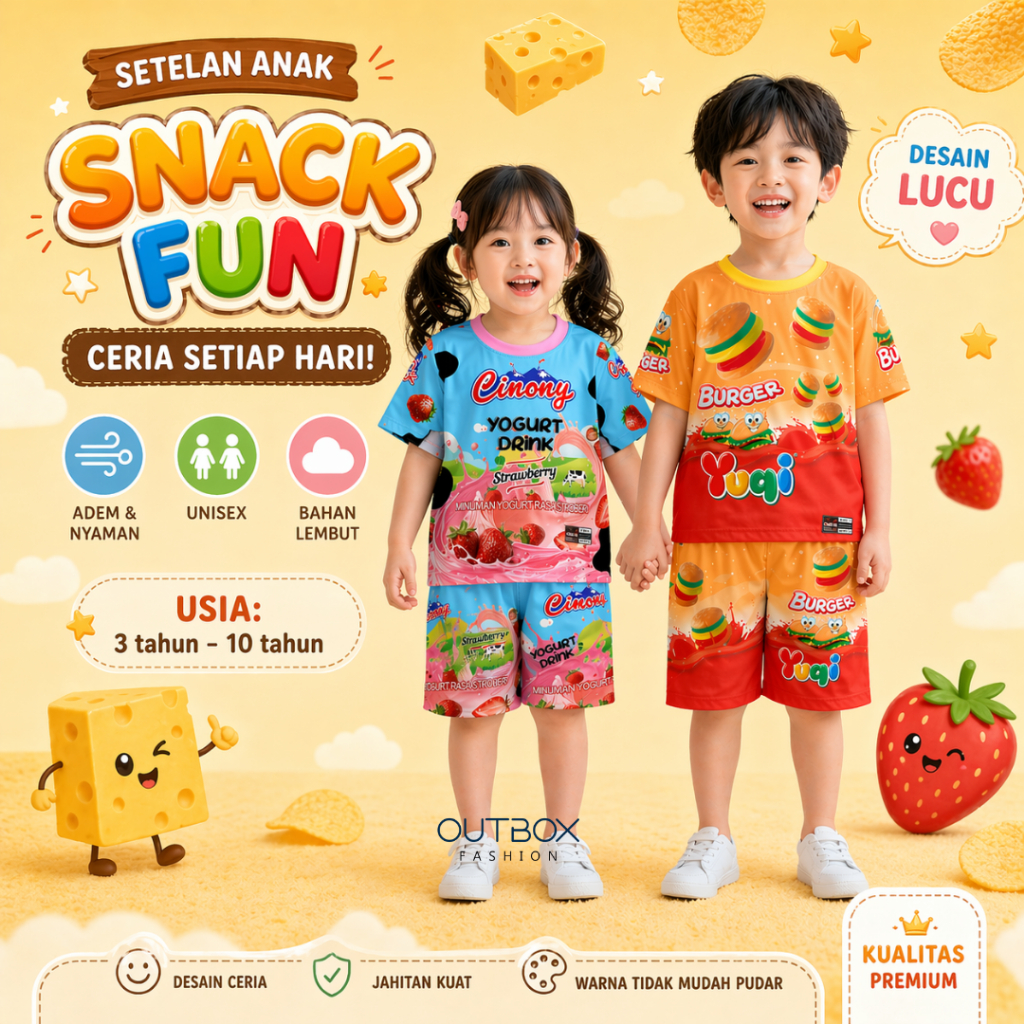 Outbox Fashion Setelan Anak Unisex Motif Jajanan Snack Kekinian Indonesia Full Printing Anti Luntur