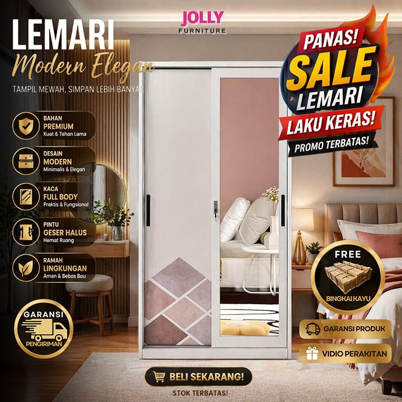 JOLLY FURNIUTRE-Lemari Pakaian Besi Lemari Pakaian Pintu ganda 85cm 2 pintu1 Hanger Cermin Minimalis