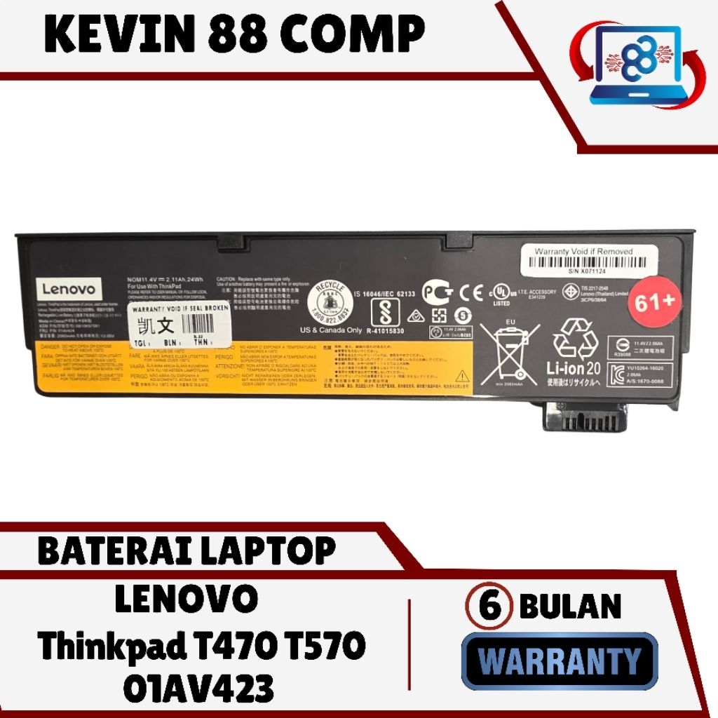 Baterai Lenovo T470 T480 T570 T580 61+