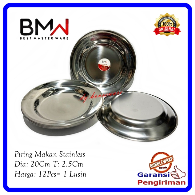 Piring Stainless Piring Makan Stainlis Diameter 20cm ( Harga 12pcs = 1 Lusin Piring )