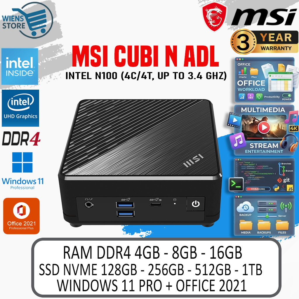 Mini PC MSI Cubi N ADL - Intel N100 + RAM + SSD + Windows 11 Pro