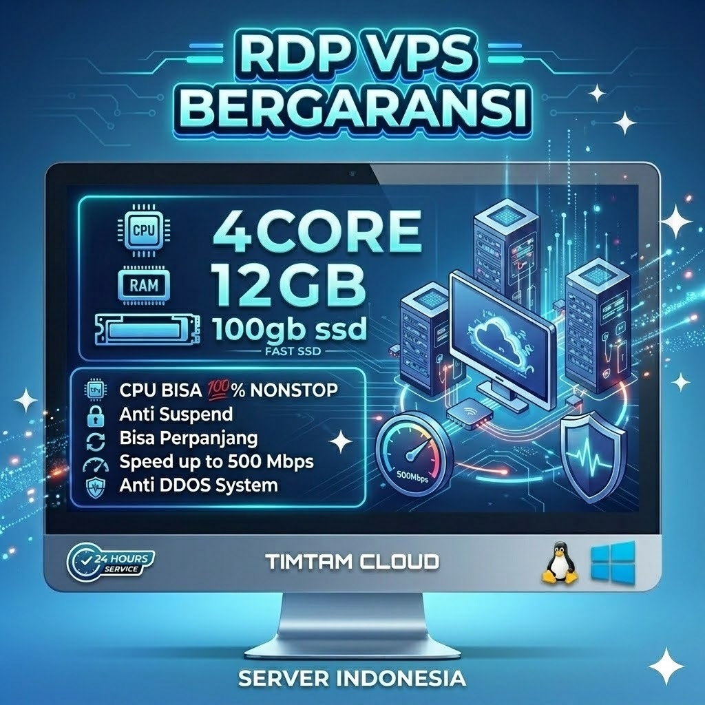 RDP VPS Server Indonesia 12GB RAM 4 Core - Aman, Stabil, dan Full Garansi