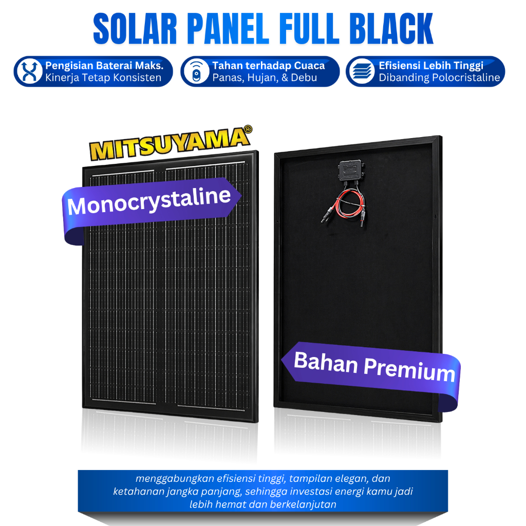 Solar Panel Surya 50W Monocrystaline Full Black Mitsuyama Mono Solar Cell 50 Watt Panel Tenaga Surya