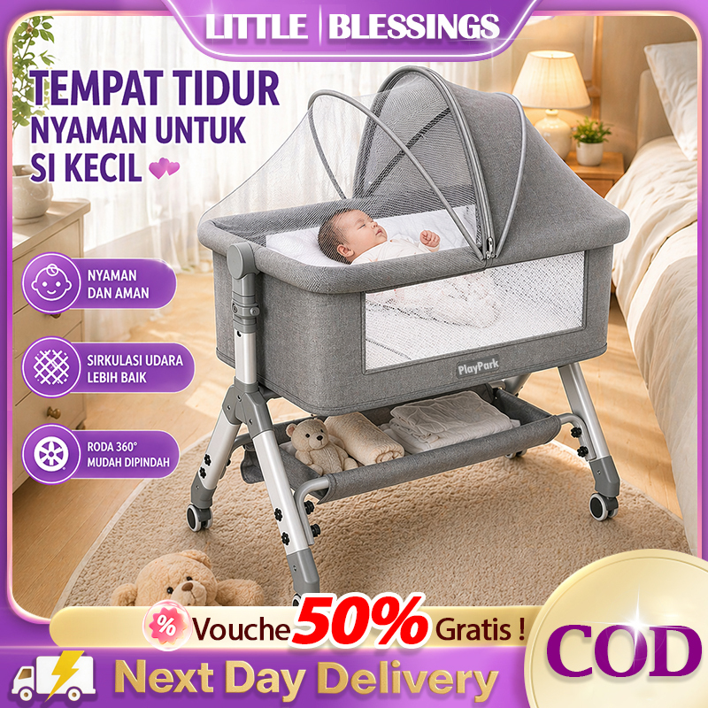 Box Bayi Tempat Tidur Bayi Ranjang Bayi 4 in 1 + Meja Ganti Popok + Kelambu + Roda + Rak Serbaguna +