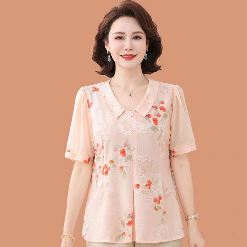 Fashion sifon kemeja setengah baya dan lanjut usia wanita lengan pendek lengan pendek t-shirt