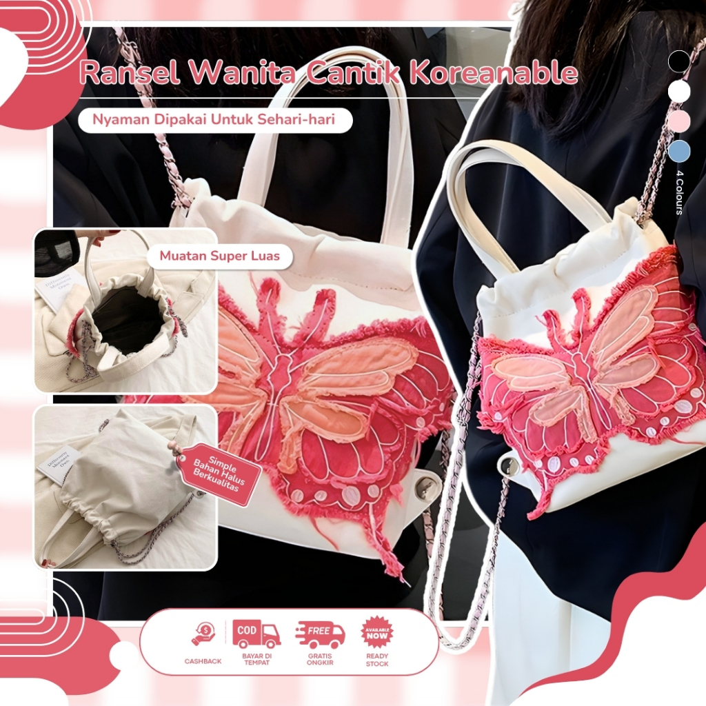 Backly — Tas Kupu-kupu Wanita Aesthetic Kanvas Cantik Lucu Kapasitas Luas Motif Kupu-kupu Tas Serut 
