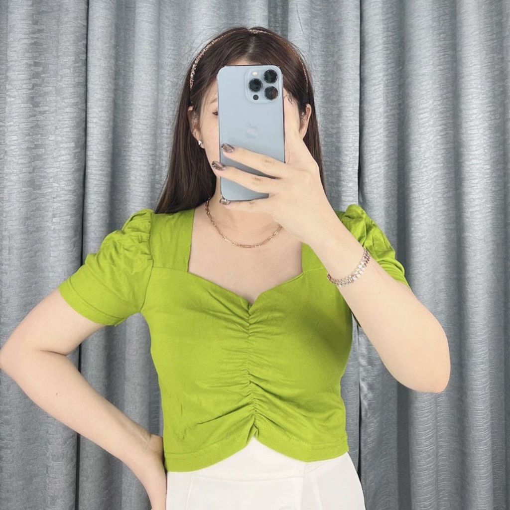 Atasan Wanita Spandek Korean Style Kerut Tengah - Crop Top Kerut Lengan Pendek Top