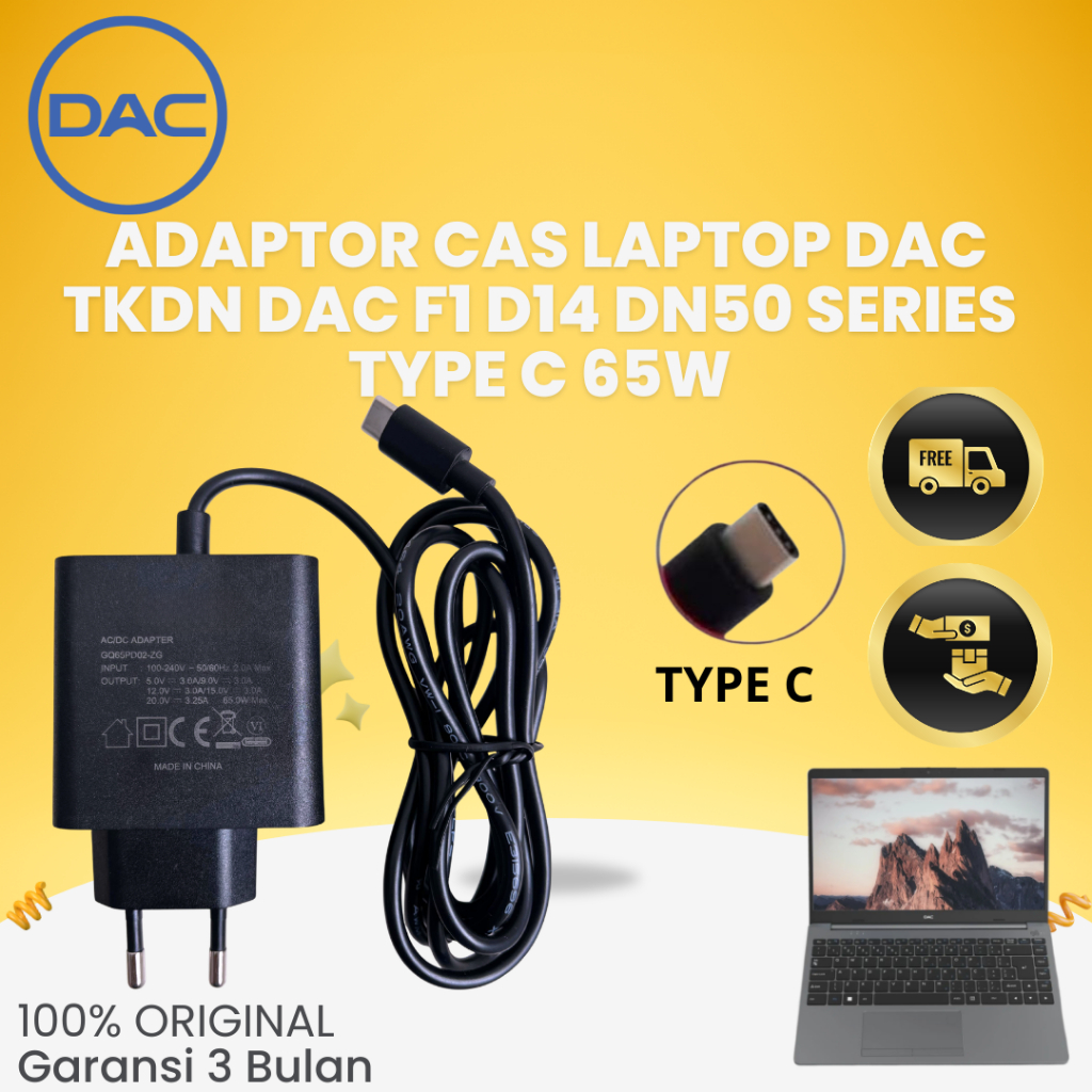 ADAPTOR CAS LAPTOP TKDN DAC F1 D14 DN50 | CAS LAPTOP SERIES  TKDN DAC TYPE C 65WATT GARANSI 3 BULAN 