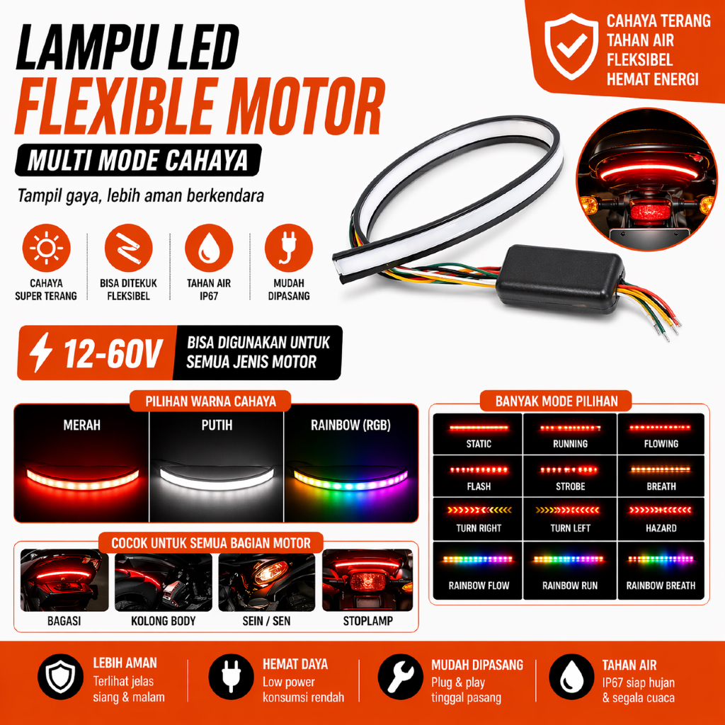 LED BAGASI RGB MOTOR LAMPU PLAT RGB MOTOR LED RGB MOTOR 23 CM
