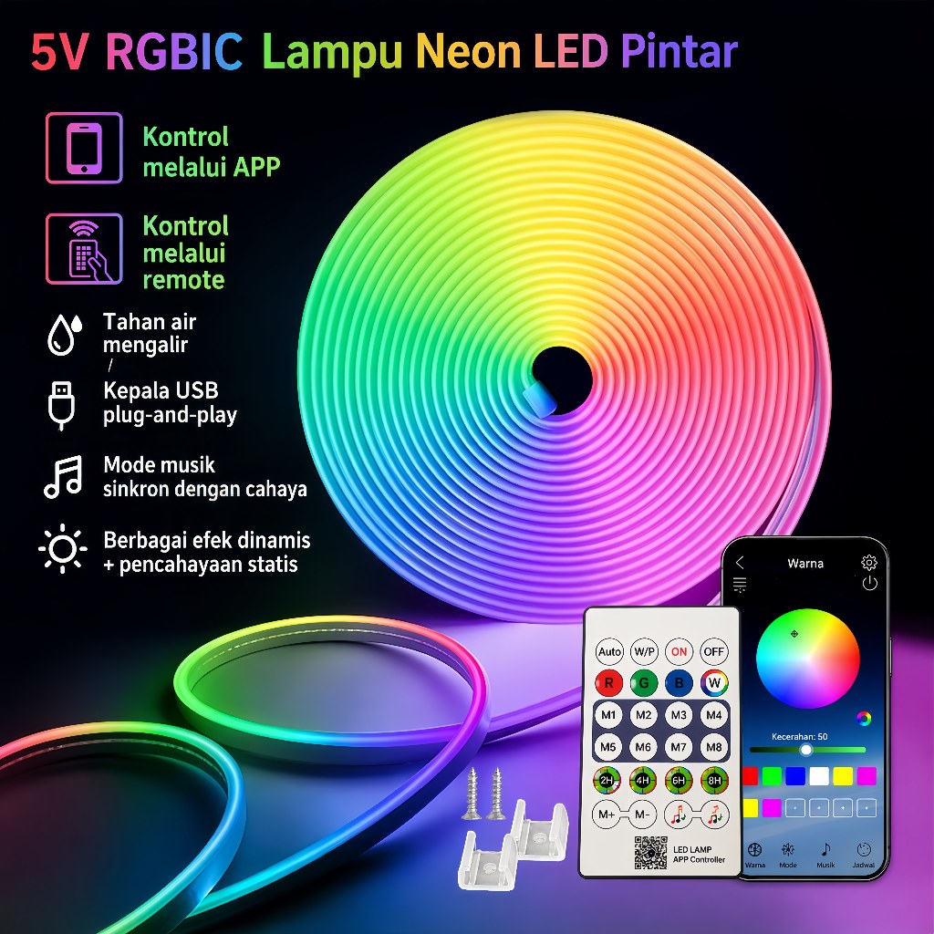 Lampu strip LED RGB musik sensor suara (voice control), efek lampu lari (running light), lampu suasa