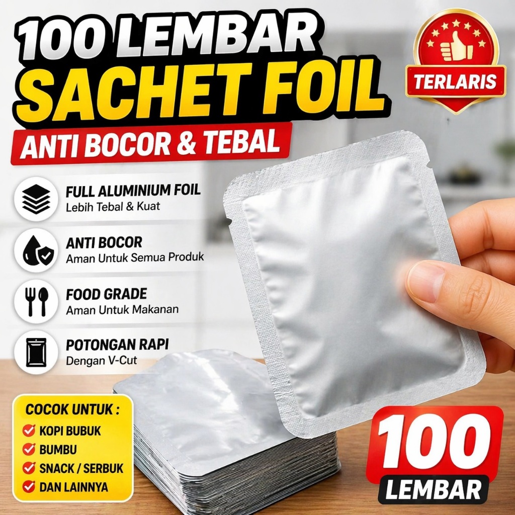 Plastik Sachet Aluminium Foil 100 Lembar Kemasan Kopi Bubuk Bumbu Anti Bocor Tebal