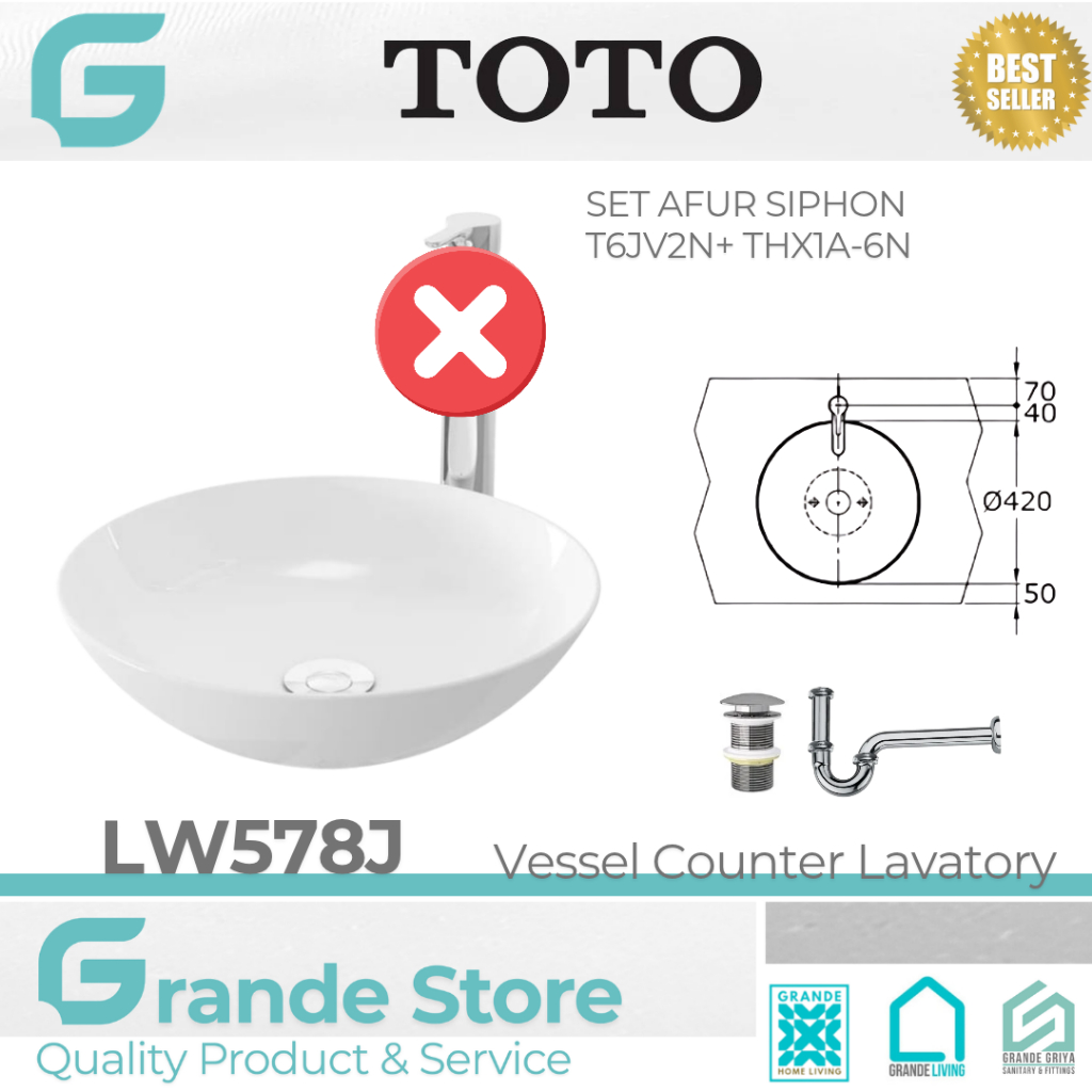 TOTO LW578J Wastafel Keramik Meja Counter Vessel Lavatory Set Afur Siphon