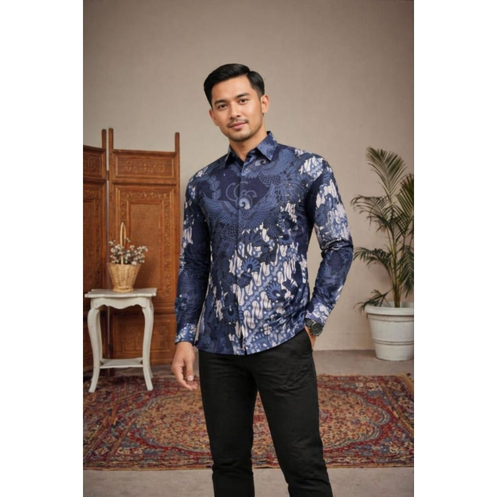 Kemeja Batik Pria Biru Navy