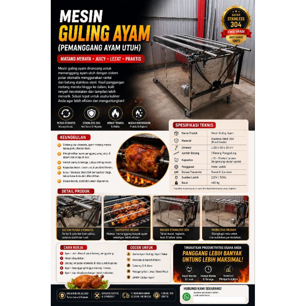 Mesin guling ayam otomatis barang ready bukan PO unit tinggal pakai kapasitas 30 ekor ayam/Siap Hasi
