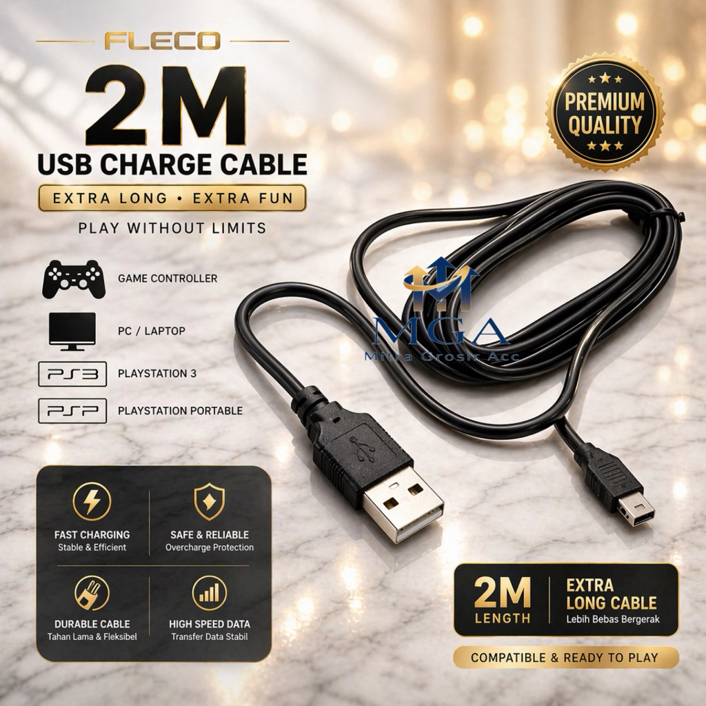 Kabel 2Meter Stick PS3 /PSP Game Boy Cable Charger Mini Usb V3 For Game Playstation Sony (2M) [MGA]