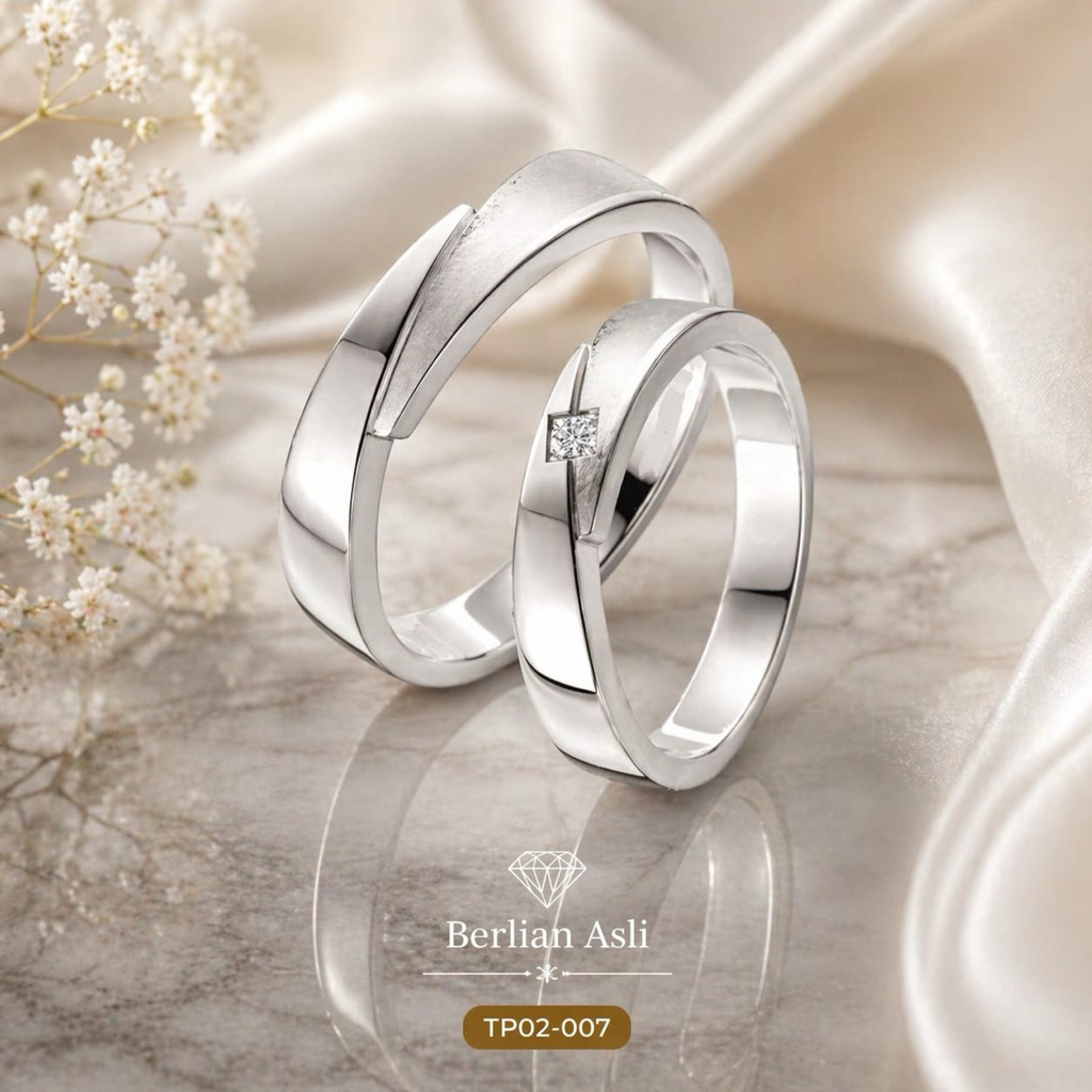 Cincin Kawin Couple Berlian Asli Minimalis Elegan | Emas Perak Palladium | Custom Ukir Nama & Ukuran