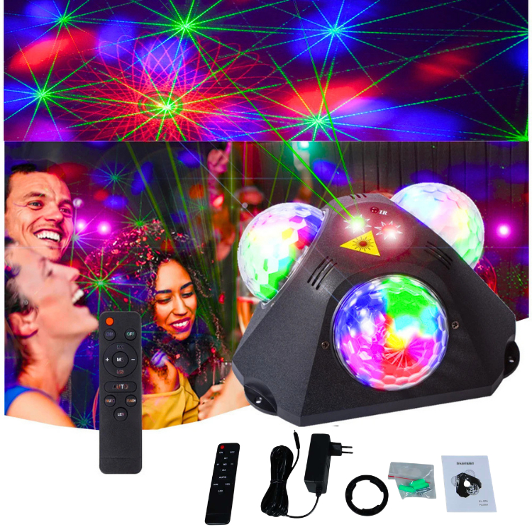 PUCUK Lampu Disco 3 bola laser sensor suara musik sorot Panggung acara Sound Control 9W RGB Control