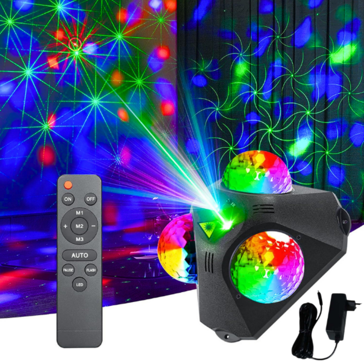 JAKMAL Lampu Disco 3 bola laser sensor suara musik sorot Panggung acara Sound Control 9W RGB Control
