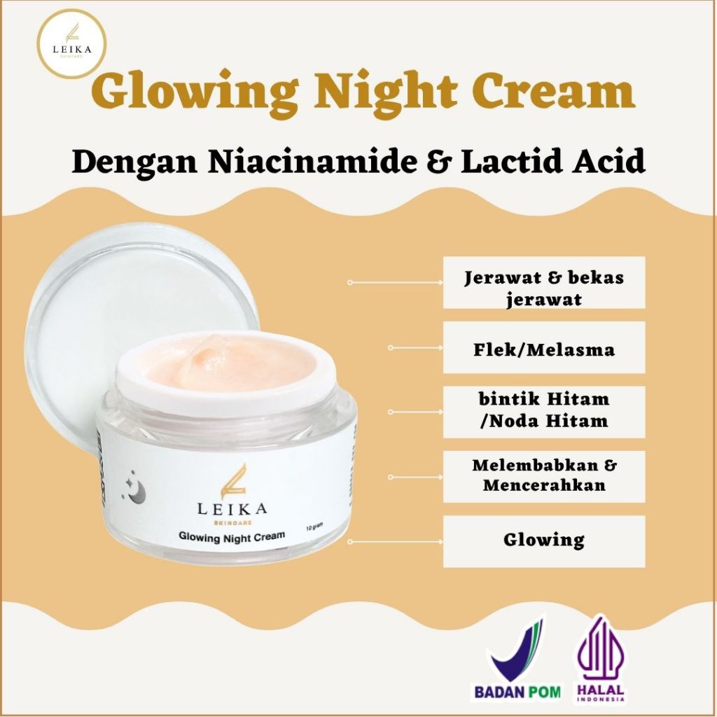 Ampuh Cream Penghilang Jerawat Bekas Jerawat Bopeng Glowing Night Cream Leika Skincare Efektif Memud