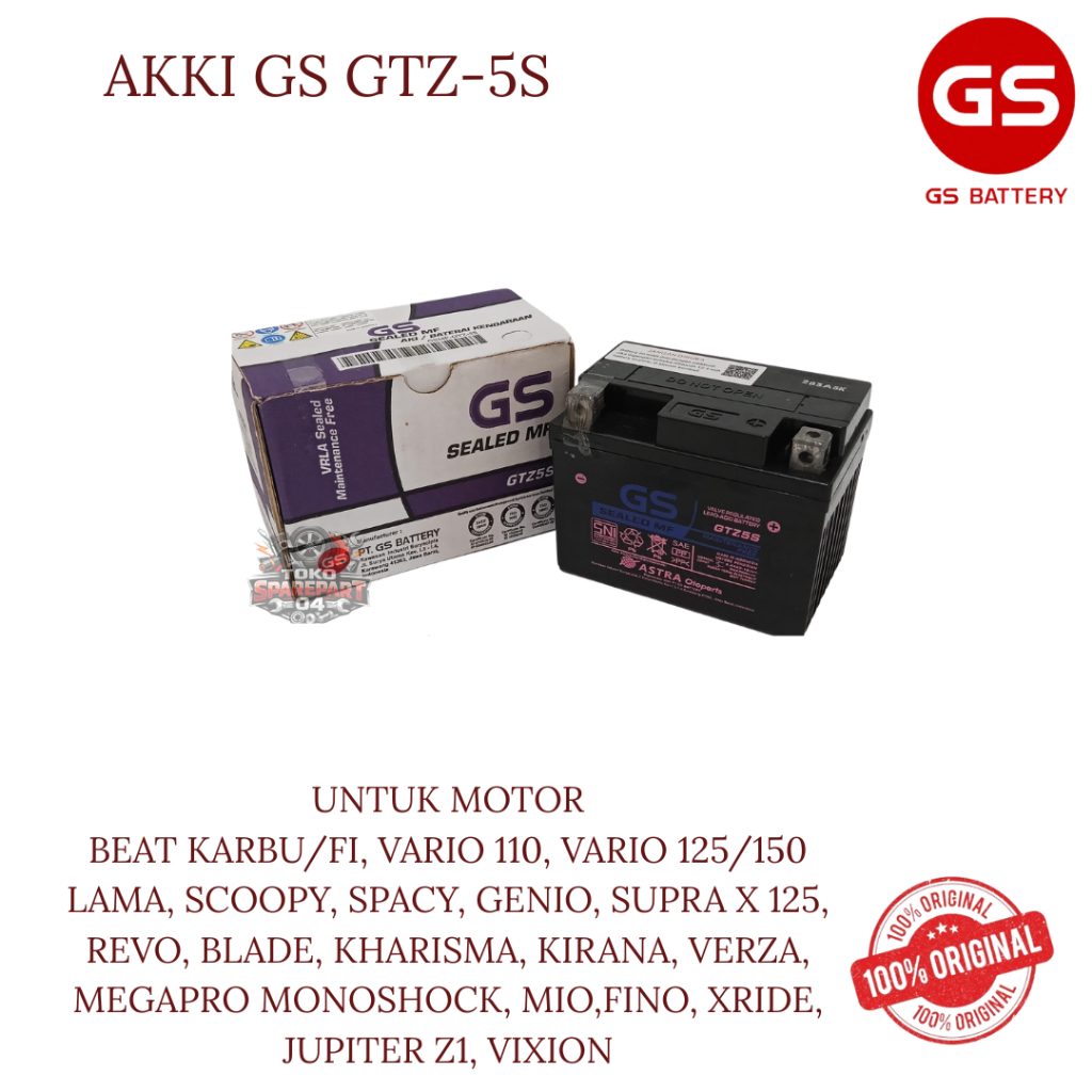AKKI GS GTZ-5S ORIGINAL GS UNTUK MOTOR BEAT KARBU/FI, VARIO 110, VARIO 125/150 LAMA, SCOOPY, SPACY, 
