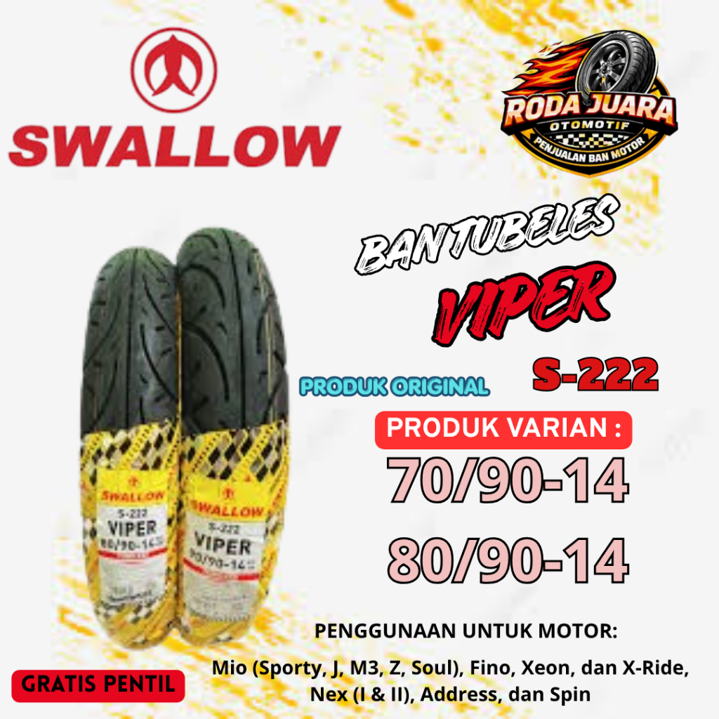 Ban Swallow Viper 70/90-14 80/90-14 Ring 14 Original Ban Motor Matic Beat Scoopy Mio Awet Anti Licin