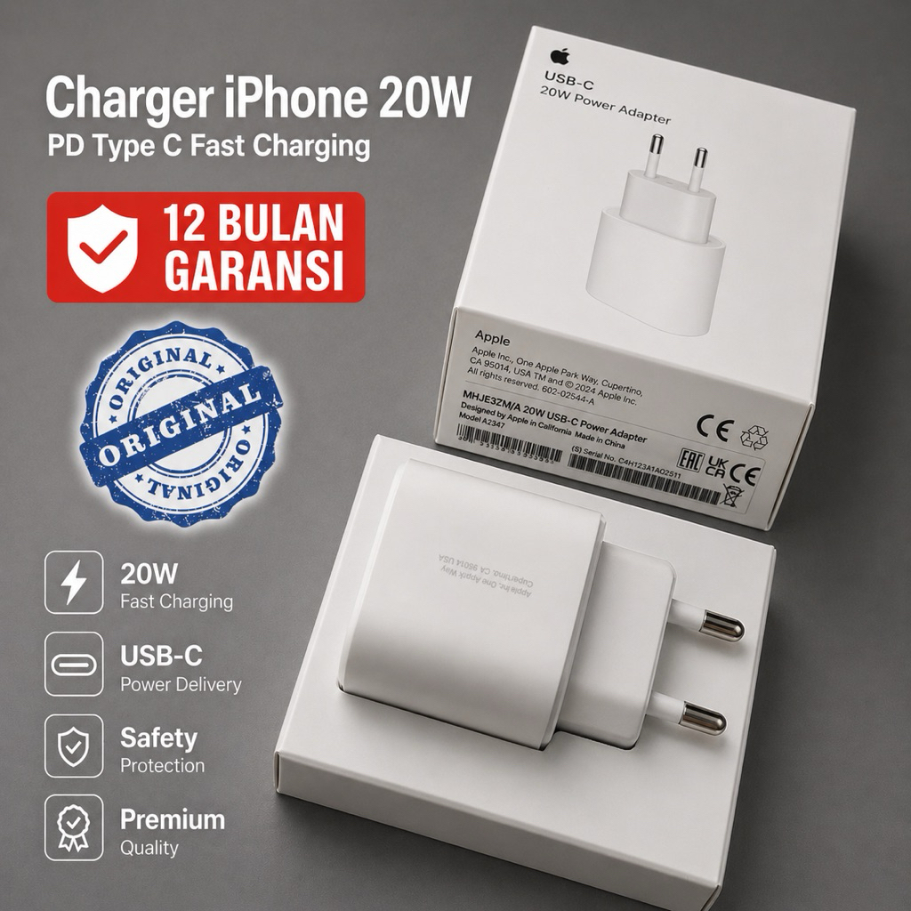 Charger iPhone 20W Fast Charging USB-C + Kabel Lightning | Cas Cepat PD Original Quality | Garansi