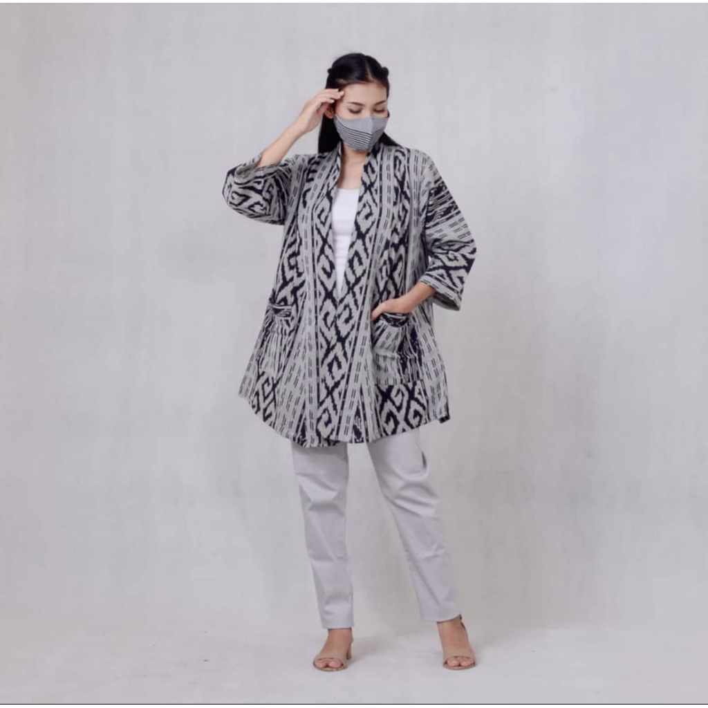 long outer batik tenun wanita, outer batik tenun baju kerja kantor