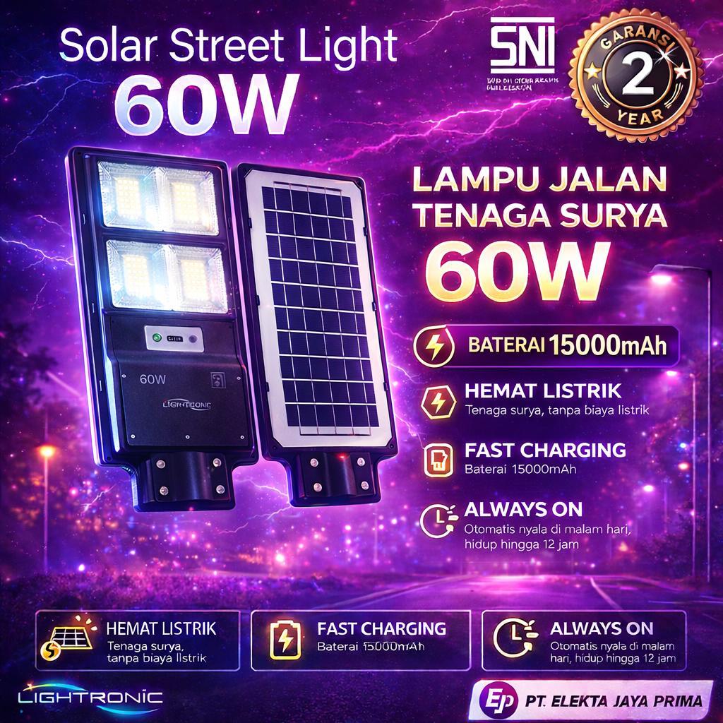 LIGHTRONIC Lampu Jalan Tenaga Surya 60W Lampu PJU Solar LED Lampu Solar Cell Outdoor Terang Hemat Li