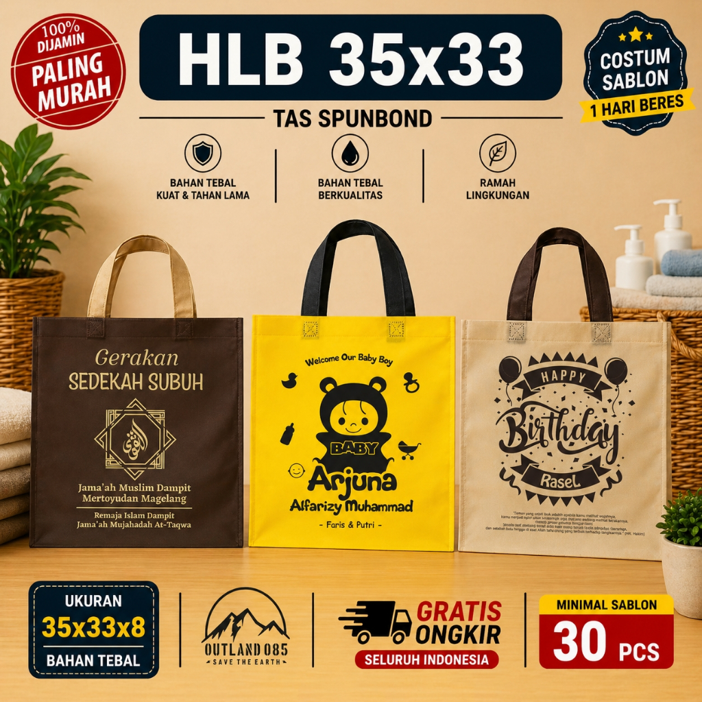 Custom sablon 35x33x8 souvenir hadiah kado tas handle bag spunbond seminar acara promosi butik