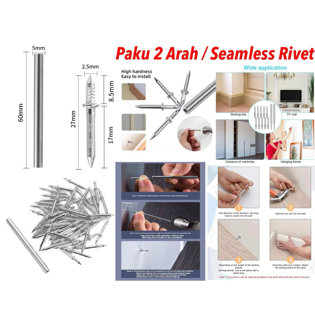 (GROSIRAN) Paku Skirting Kepala Ganda Tanpa Jejak Paku Rivet 2 Arah Paku Lis Lantai 100pcs