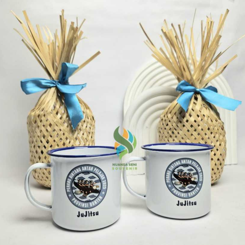 Souvenir Gelas Cangkir Enamel Putih Mug Gagang Teh Tumbler Minum Kaleng Antik Custom Sablon Decal