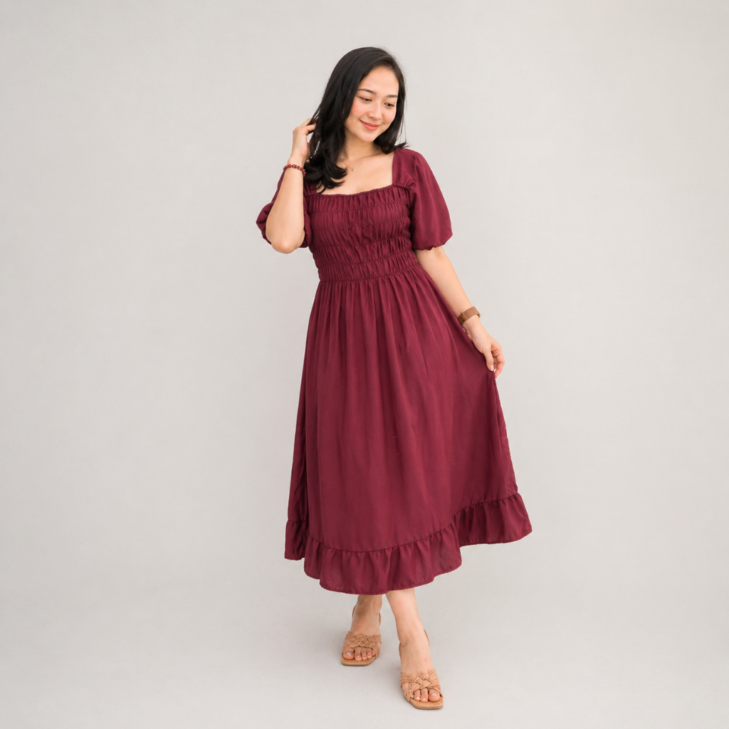 Daster Naura Elsa Smock Dress Bali Polos Pinggang Kerut Karet Serut Dada Wanita Cewek Jumbo Terbaru