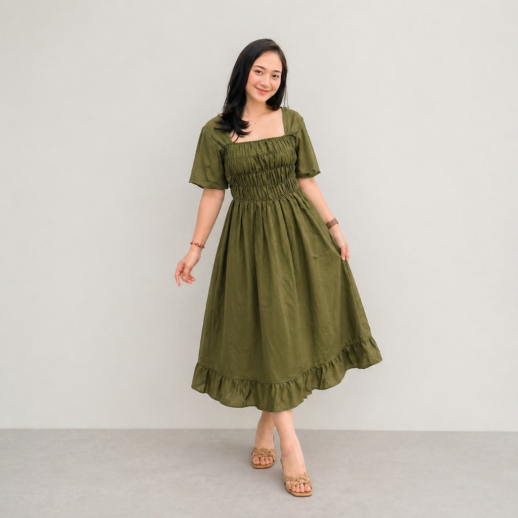 Daster Naura Elsa Smock Dress Bali Polos Pinggang Kerut Karet Serut Dada Wanita Cewek Terbaru Jumbo