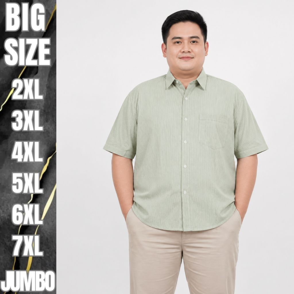 Kemeja Pria Jumbo Motif Stripe Motif Garis Garis Lengan Pendek Big Size