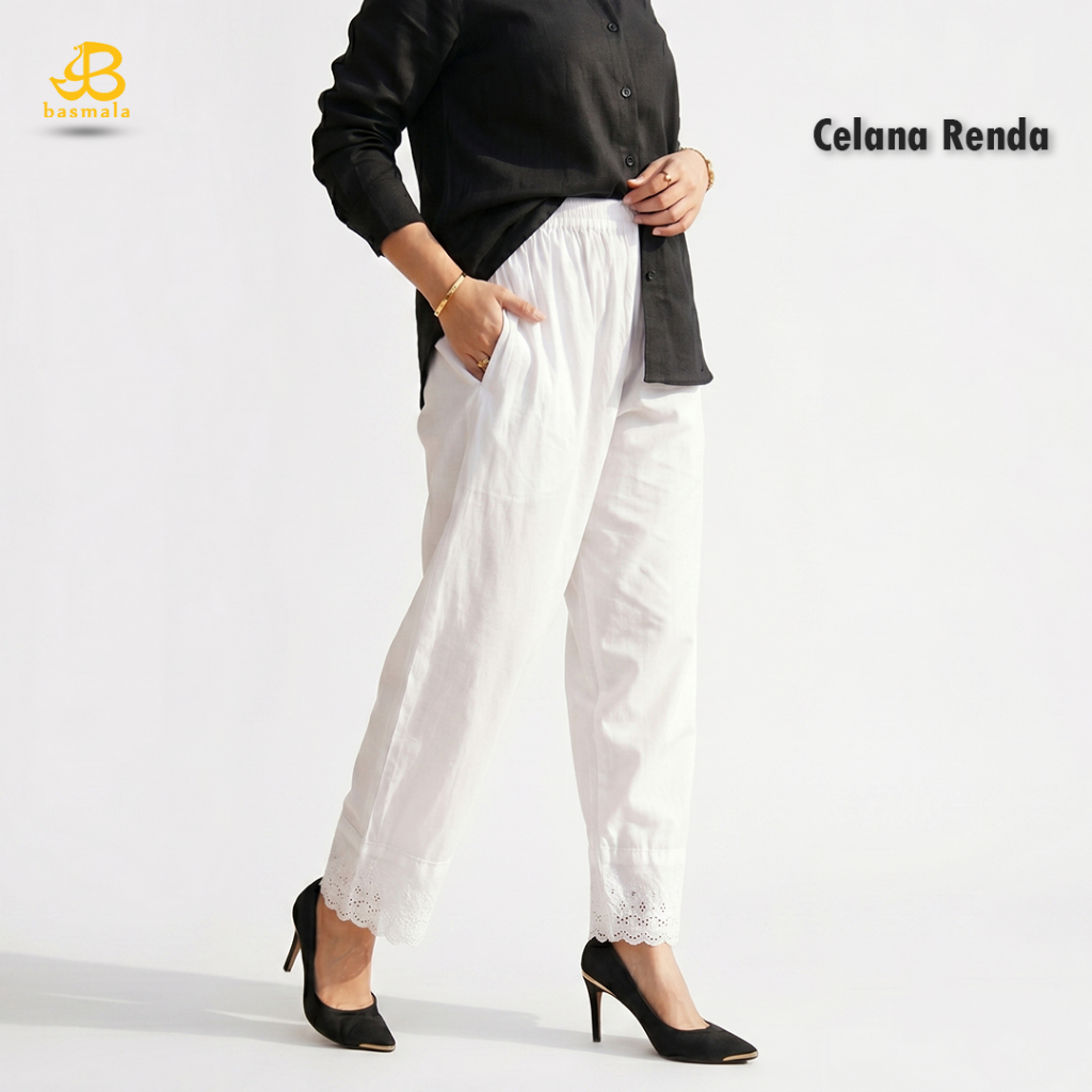 BASMALA - Celana Ihram Renda Wanita Putih Hitam Celana Panjang Bahan Katun Celana Dalaman Gamis