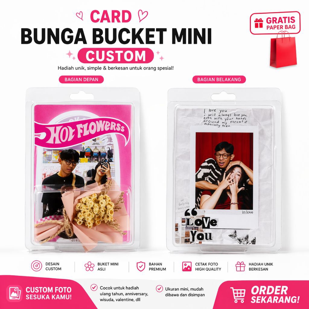1 HARI JADI Custom Card Foto isi Mini Bunga Bucket Edelweiss Free Paper Bag Kado Unik / Ulang Tahun 