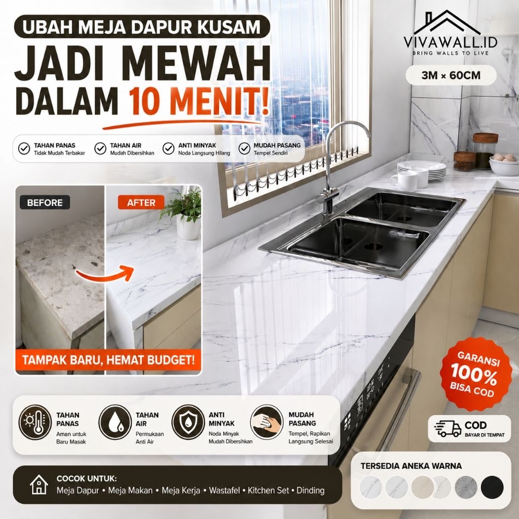 Wallpaper Glossy Marmer Marble Marmer Dapur Meja Furniture 3 M X 60 Cm Glossi Kitchen Walpaper Pintu