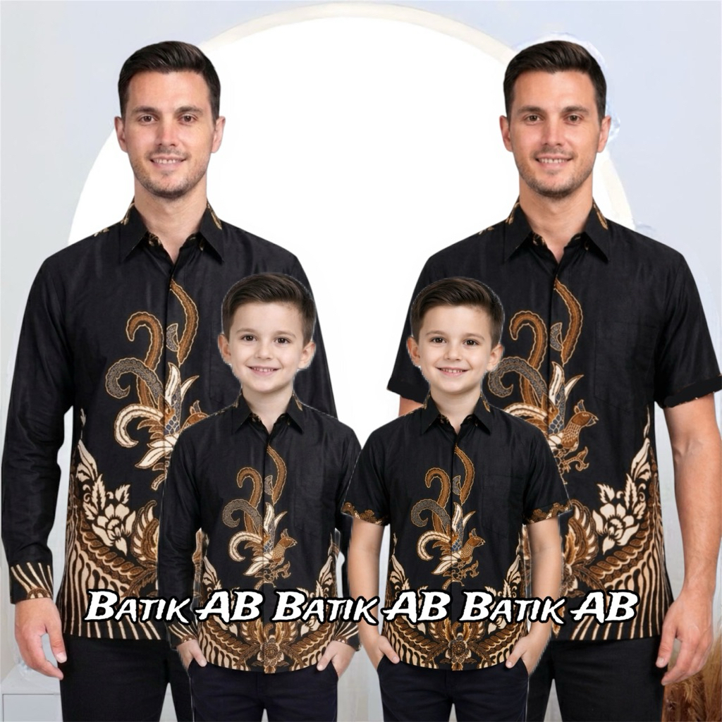 Kemeja Batik Anak Laki laki Couple Batik Pria Dewasa Motif Ayam Hitam Batik Anak Cowok Lengan Panjan