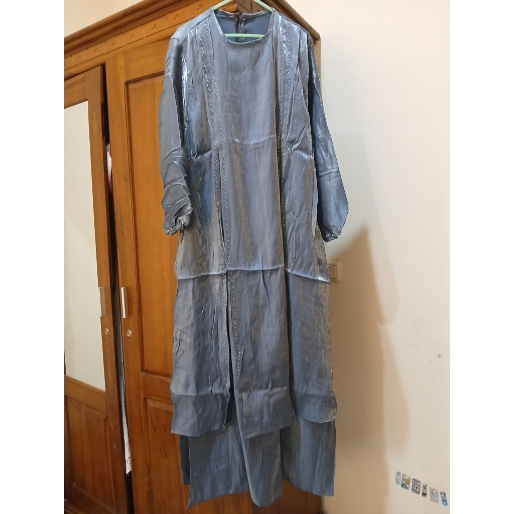 Dikirim dari Bali, NEW Gamis Pesta Shimmer Swaroski Abu Basah Ld -+106cm