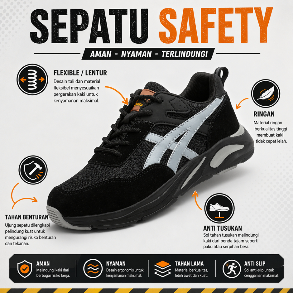 SEPATU SAFETY PRIA ANTI PAKU SPORTY SAFETY SHOES ANTI SMASHING