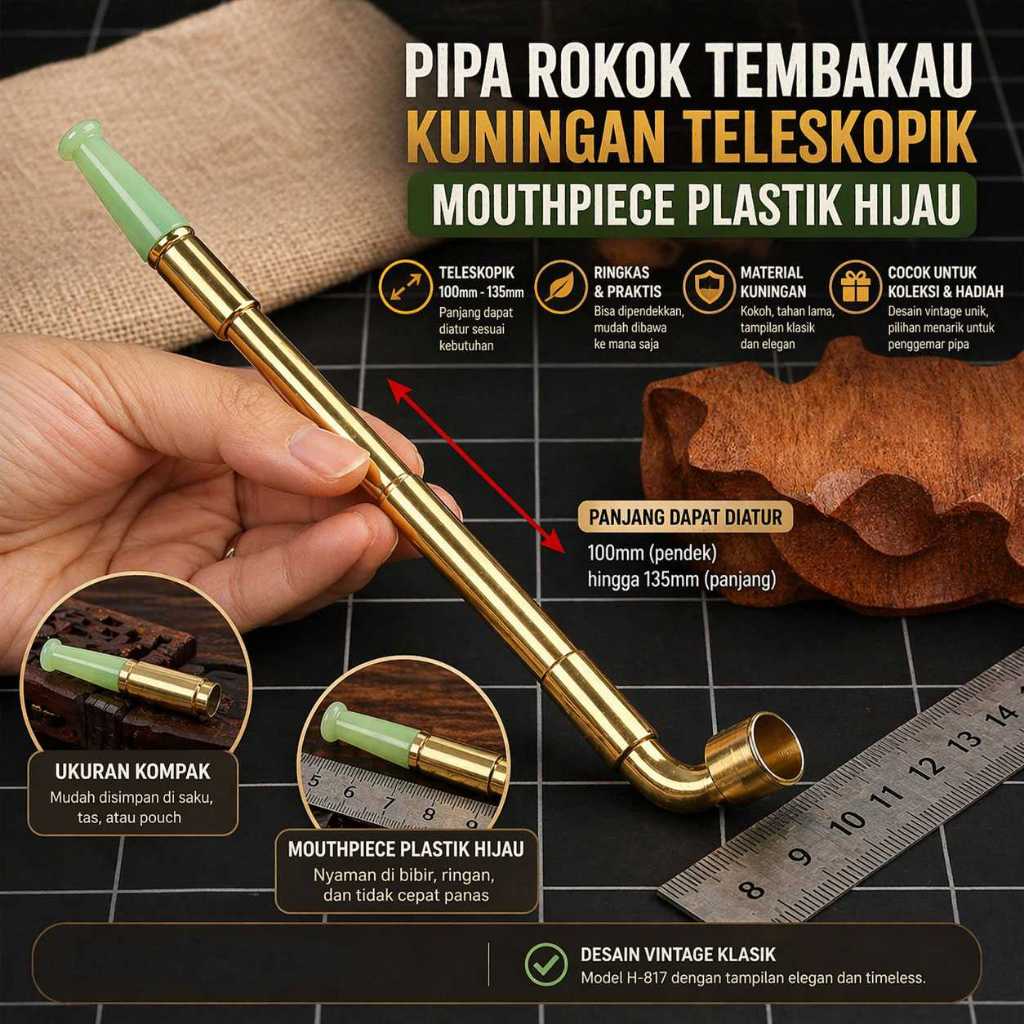 Pipa Rokok Tembakau Kuningan Teleskopik Mouthpiece Plastik 100mm - H-817