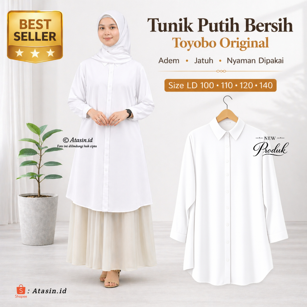Kemeja Tunik Putih Wanita Lengan Panjang Jumbo Premium Toyobo LD 100-140