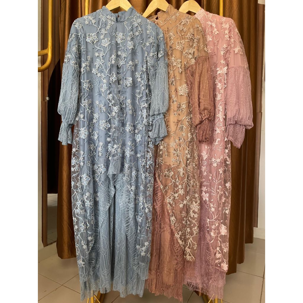 Amora Lacely Tulle Dress Gamis Brokat Embordery 3D | Dress Kondangan Mewah Lengan Balon