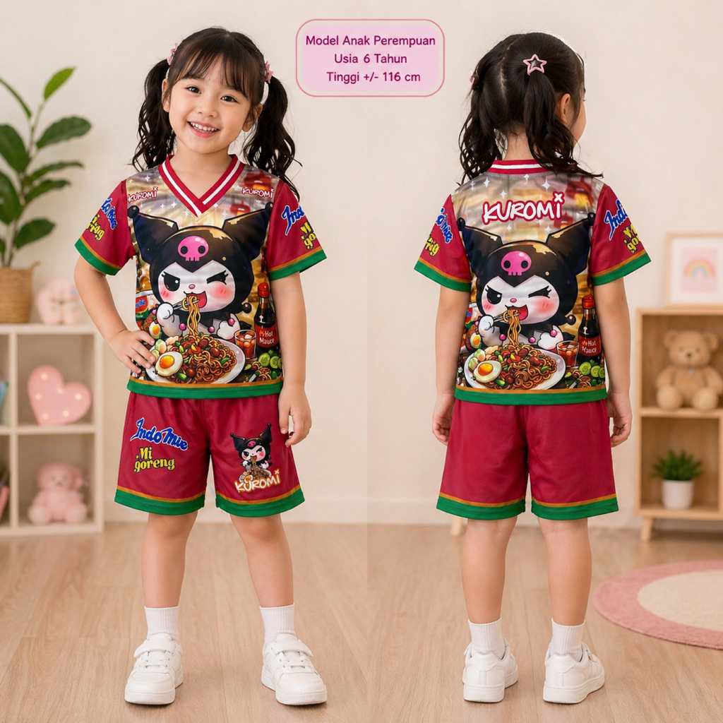 setelan jersey anak-anak premium/gambar kuromi makan indomie/kuromi lagi makan indomie goreng/kuromi