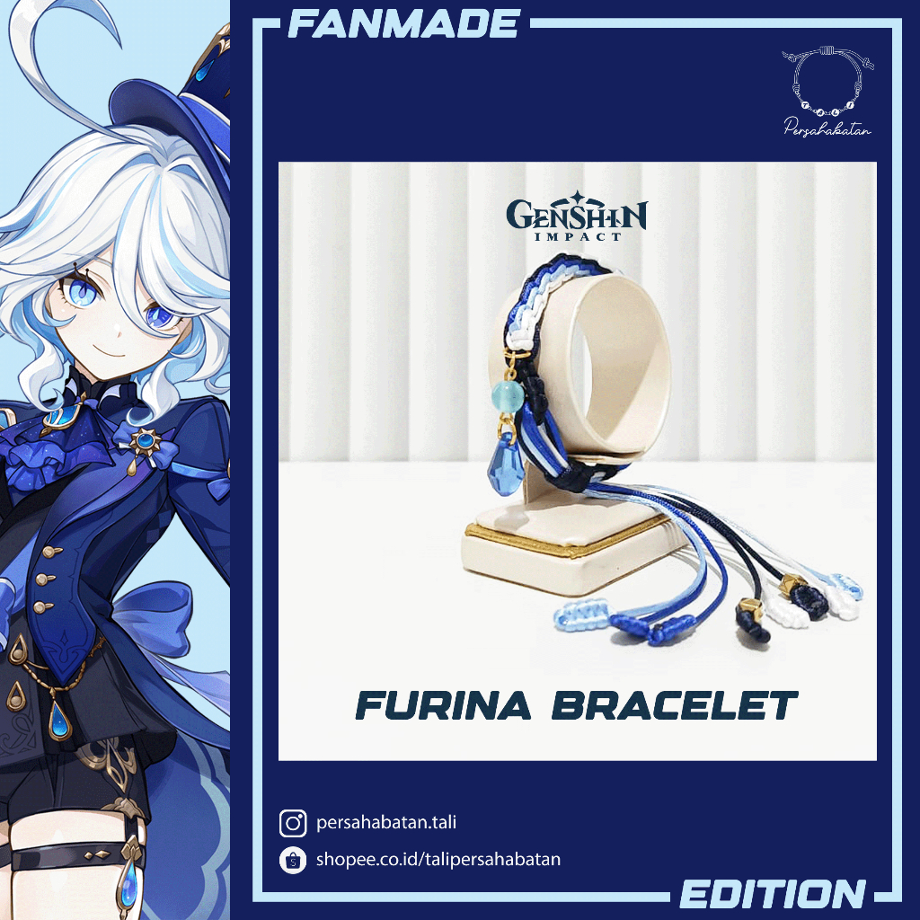 Genshin Furina Fontaine Gelang Tali Bracelet Biru Putih Air Emas